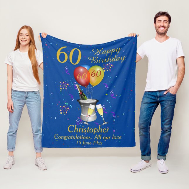 60th Birthday Champagne Blue Fleece Blanket (In Situ)