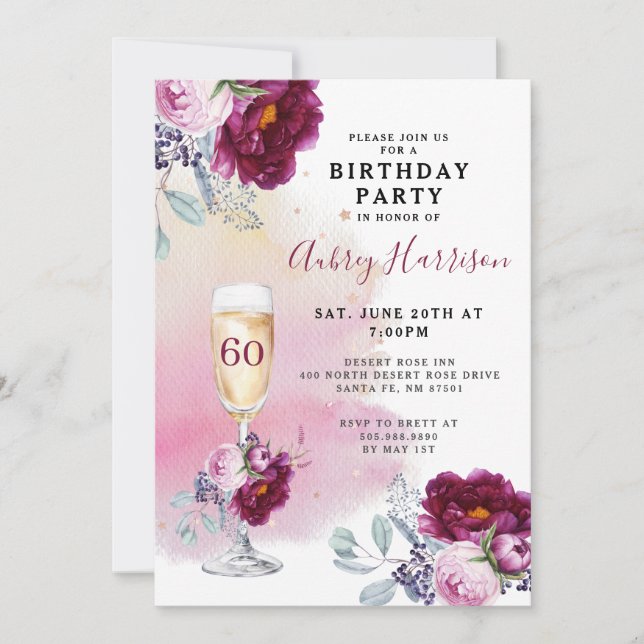 60th Birthday Champagne Glass Floral Birthday   Invitation (Front)