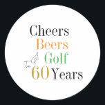 60th Birthday Cheers and Beers Golf Minimal Classic Round Sticker<br><div class="desc">This is a cool and modern, 60th birthday, golf party design. It is a simple, minimal design, in classic black and white, with pops of green, orange and gold coloured typography. Perfect for a cool and fun, golf and beer themed, 60th birthday party. This design is fully customizable, simply use...</div>