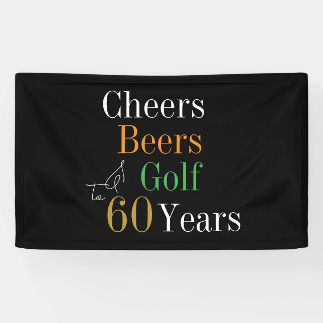 60th Birthday Cheers Beers Golf Black Gold Party Banner (Horizontal)