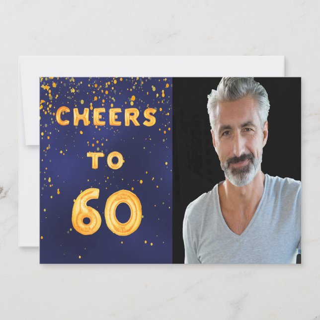 60th birthday cheers to 60 gold balloon text blue invitation (Front)