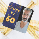 60th birthday cheers to 60 gold balloon text blue square sticker<br><div class="desc">A trendy 60th birthday party sticker. With the text: Cheers to 60 on front written with faux gold balloon letters. Blue background with golden confetti. The blue colour is uneven. Template for your photo.</div>