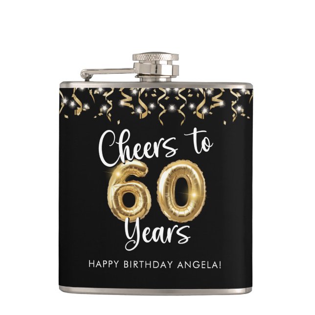 60th Birthday Cheers to 60 Years Black Gold Hip Flask (Front)