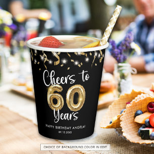 60th Birthday Cheers to 60 Years Black Gold Paper Cups