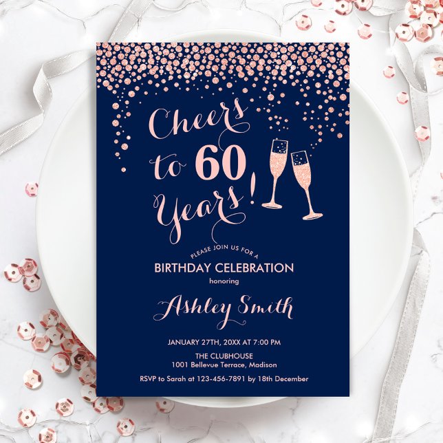 60th Birthday - Cheers To 60 Years Rose Gold Navy Invitation (Creator Uploaded)