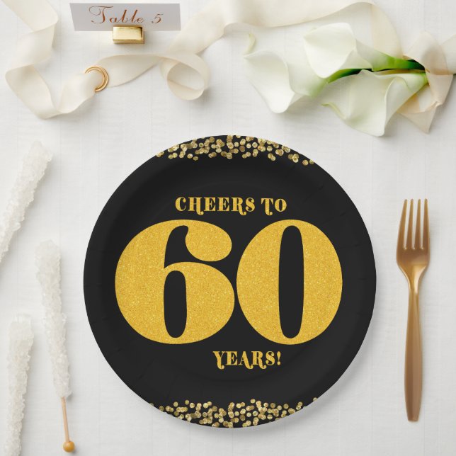 60th Birthday Cheers to 60 Years Sixty Gold Black Paper Plate (Wedding)