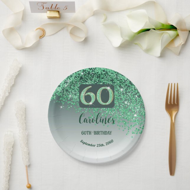 60th Birthday Chic Falling Green Glitter Paper Plate (Wedding)