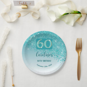 60th Birthday Chic Falling Teal Blue Glitter Paper Plate