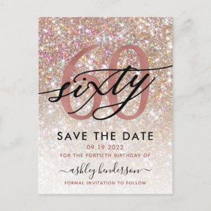 60th Birthday Chic Glitter Ombre Save The Date Postcard