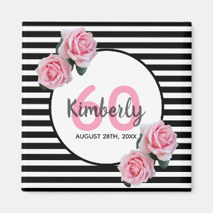 60th birthday chic pink roses black white stripes magnet