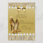 60th Birthday Classy Gold Heels Sequins Diamonds Invitation<br><div class="desc">Elegant custom personalized 60th Birthday party celebration invitations with gold glitter high heels shoes, a beautiful glittery golden colours printed image sequins jewels, gems pattern, cute shiny gold printed bows and ribbons images and pretty digital diamonds bling jewels on a chic gold gradient background with fixed gold text. Please note:...</div>