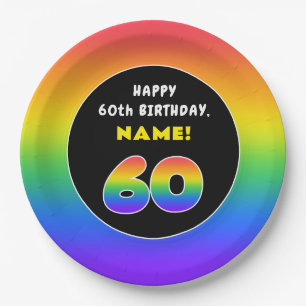 60th Birthday: Colorful Rainbow # 60, Custom Name Paper Plate