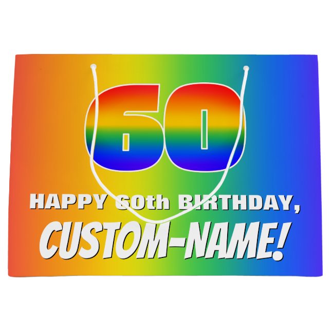 60th Birthday: Colourful, Fun Rainbow Pattern # 60 Large Gift Bag (Front)