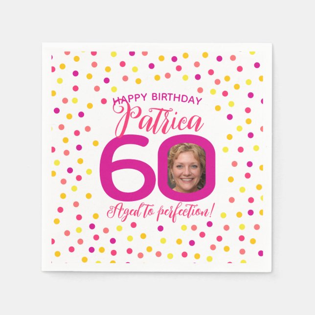 60th birthday colourful pink yellow confetti photo napkin (Front)