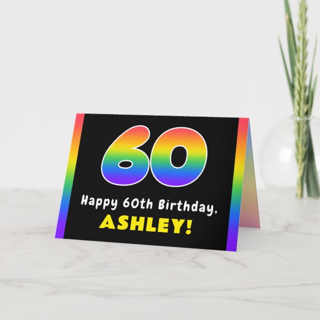 60th Birthday: Colourful Rainbow # 60, Custom Name Card (Front)