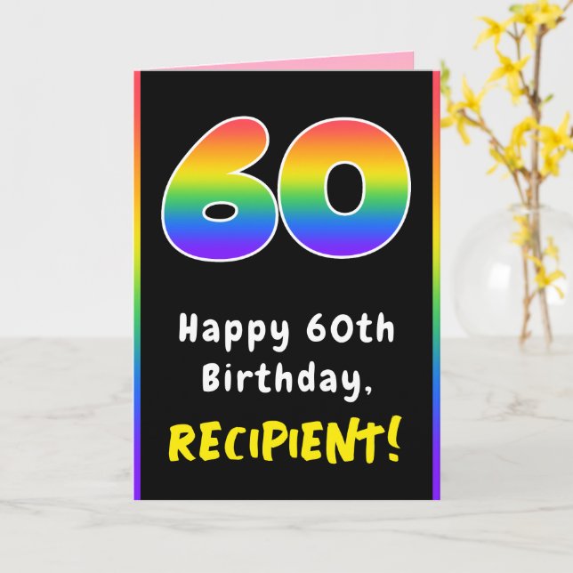 60th Birthday: Colourful Rainbow # 60, Custom Name Card (Yellow Flower)