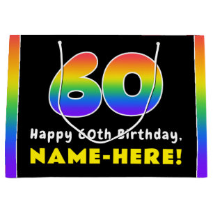60th Birthday: Colourful Rainbow # 60, Custom Name Large Gift Bag