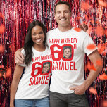 60th birthday custom name and photo template red T-Shirt<br><div class="desc">Happy 60th Birthday red and white text, custom front, and back photo, and name t-shirt. Fun 60th personalized photo in bold blue and contrasting white birthday tee design. Personalize this birthday shirt with two photographs of the birthday person in the middle of the number 0 on the front and back...</div>