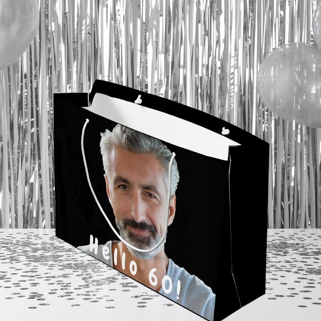 60th birthday custom photo black white large gift bag (Creator Uploaded)