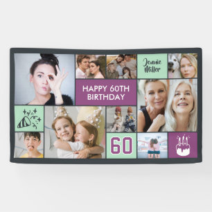 60th Birthday Custom Photo Collage Purple Green Banner