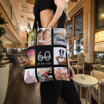 60th birthday custom photo collage woman black tote bag<br><div class="desc">A unique gift for a woman's 60th birthday, celebrating her life with a collage of 8 of your own photos, pictures. Personalize and add her name, age 60 and a date. A chic black background. Grey and white letters and numbers. The name is written with a modern hand lettered style...</div>