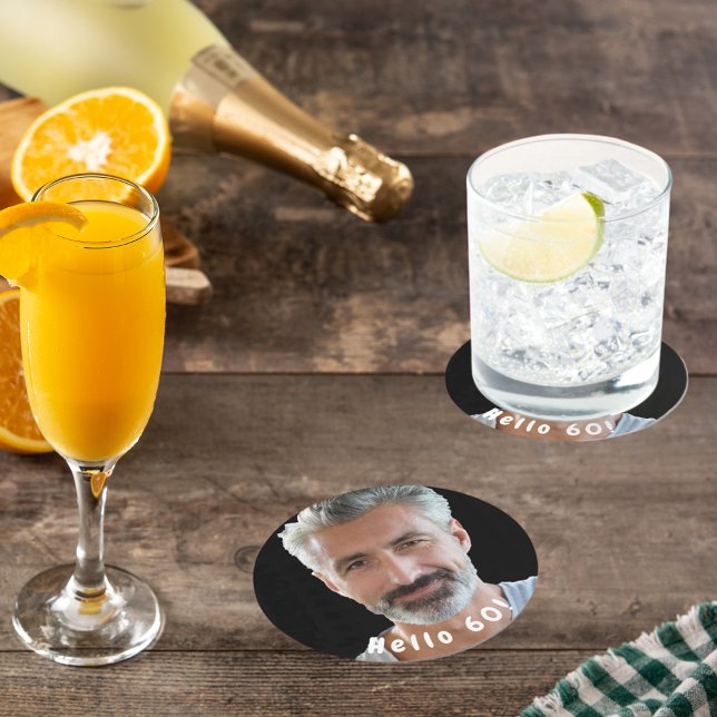 60th birthday custom photo hello 60 guy man round paper coaster (Creator Uploaded)