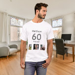 60th birthday custom photo monogram guy T-Shirt<br><div class="desc">For a 60th birthday as a gift or for the party. A collage of 3 of your photos of himself friends,  family,  interest or pets.  Personalize and add his name,  age 60 and a date.  Date of birth or the date of the birthday party.  Grey and black coloured text.</div>