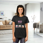 60th birthday custom photo pink monogram woman T-Shirt<br><div class="desc">For a 60th birthday as a gift or for the party. A collage of 3 of your photos of herself friends,  family,  interest or pets.  Personalize and add her name,  age 60 and a date.  Date of birth or the date of the birthday party.  Pink and white coloured letters.</div>