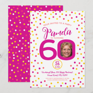 60th birthday custom photo pink yellow confetti invitation