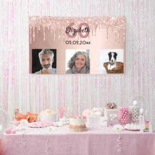 60th birthday custom photo rose gold pink glitter banner