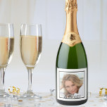 60th birthday custom photo white black sparkling wine label<br><div class="desc">A slim white and black frame and template for Your photo.  Black text overlay: Hello 60!  A label for a 60th birthday party.</div>