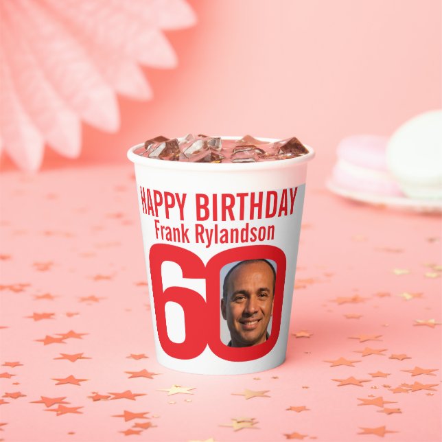 60th birthday custom two photo red white paper cups (Insitu)
