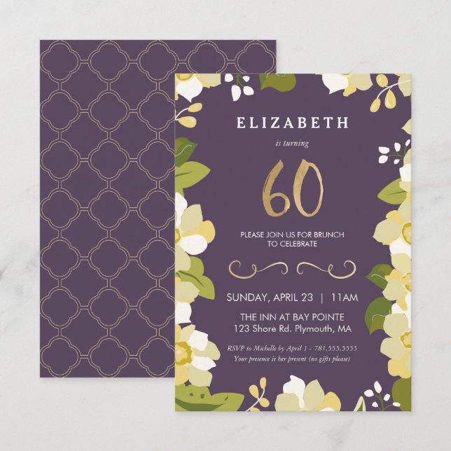 60th Birthday, Customize Floral w/ Gold, Small Invitation (Front/Back)
