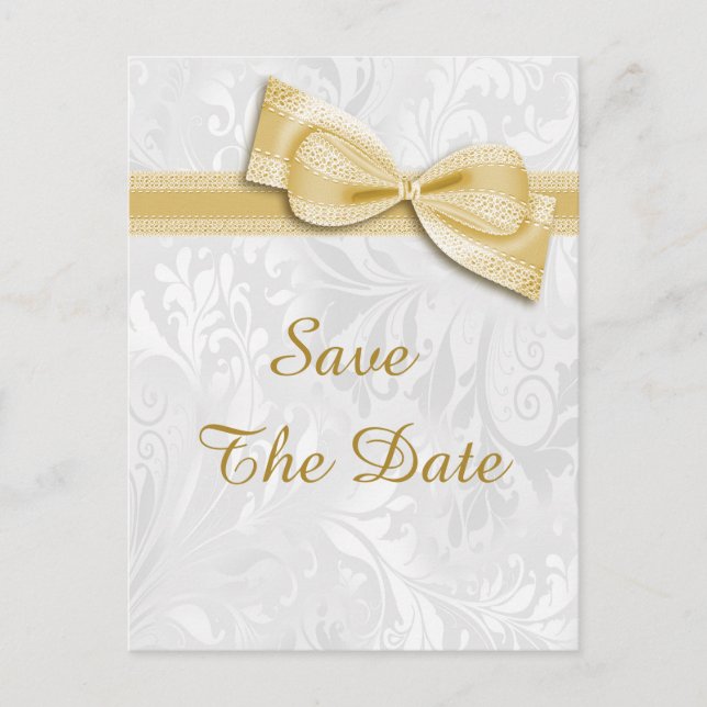 60th Birthday Damask and Faux Bow Save The Date Announcement Postcard (Front)