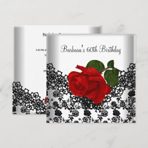 60th Birthday Damask Lace Black White RED Rose Invitation