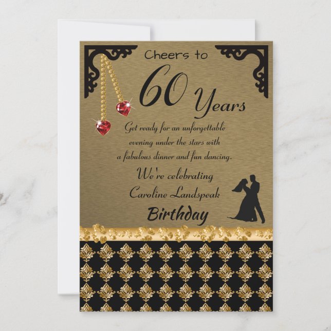 60th Birthday Dance Party Red Heart Gems & Damask Invitation (Front)