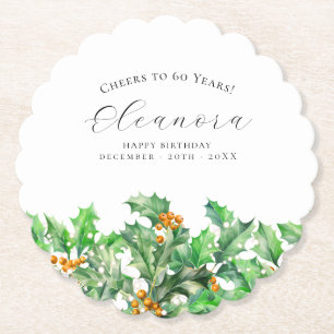 60th Birthday December Birth Flower Holly Custom Paper Coaster