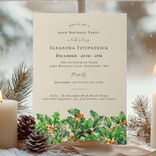 60th Birthday December Birth Month Flower Holly Invitation (Creator Uploaded)
