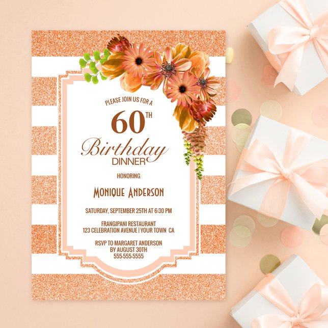 60th Birthday Dinner Apricot Striped Floral Party Invitation (Creator Uploaded)