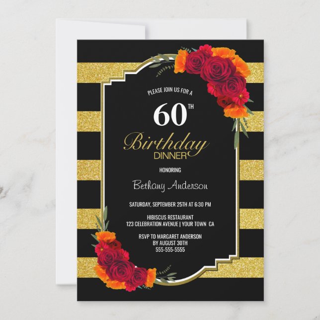 60th Birthday Dinner Black Gold Striped Floral Invitation (Front)