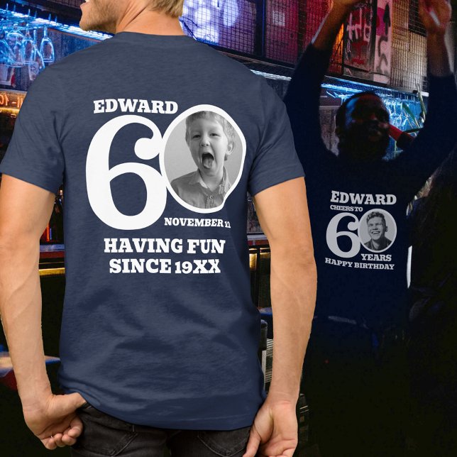 60th Birthday doubled sided photo name white text Tri-Blend Shirt (Creator Uploaded)