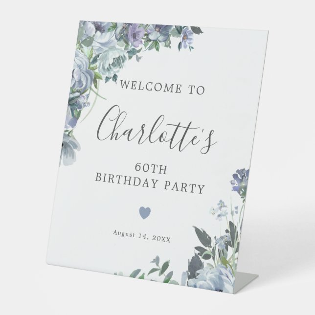 60th Birthday Dusty Blue Floral Welcome Pedestal Sign (Front)
