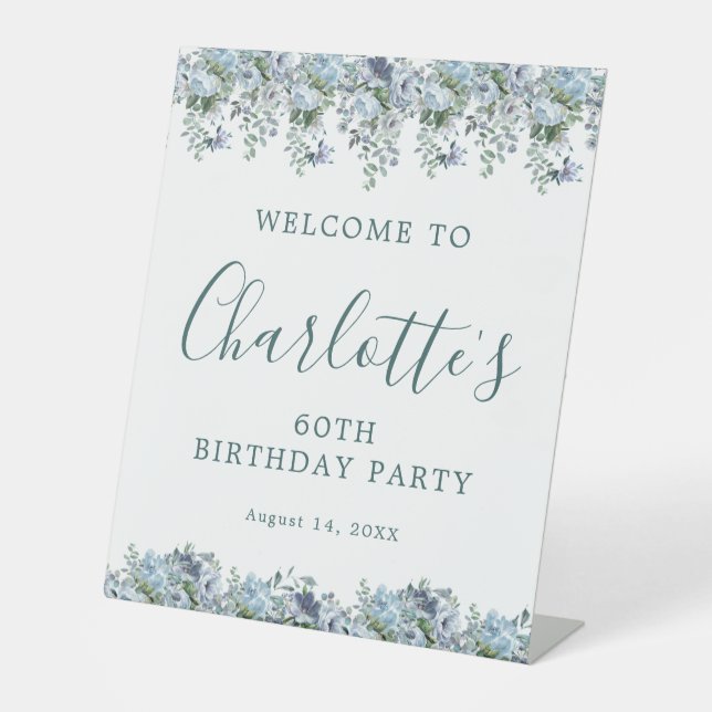 60th Birthday Dusty Blue Floral Welcome Pedestal Sign (Front)