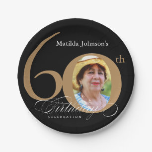 60th Birthday Elegant Gold Black Calligraphy Photo Paper Plate