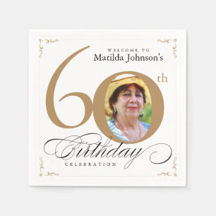 60th Birthday Elegant Gold White Calligraphy Photo Napkin
