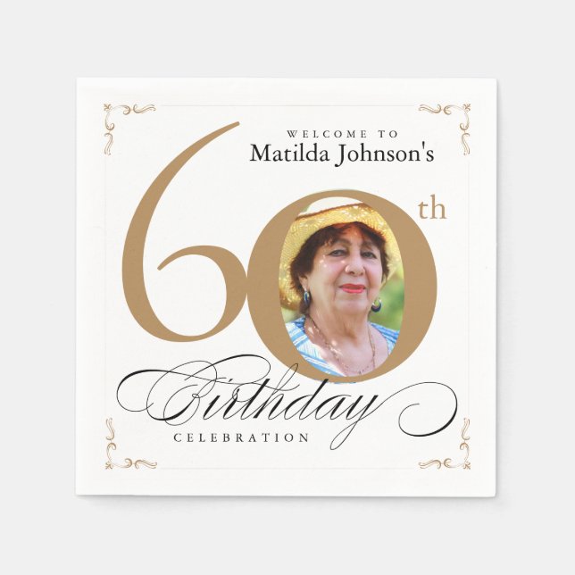 60th Birthday Elegant Gold White Calligraphy Photo Napkin (Front)
