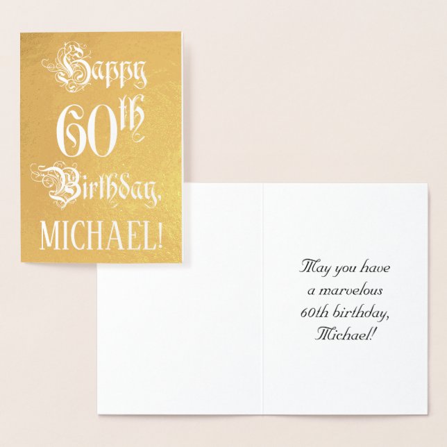 60th Birthday: Elegant, Ornate Script; Custom Name Foil Card (Display)