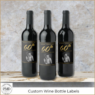 60th Birthday Elegant Photo Black Gold Wine Label