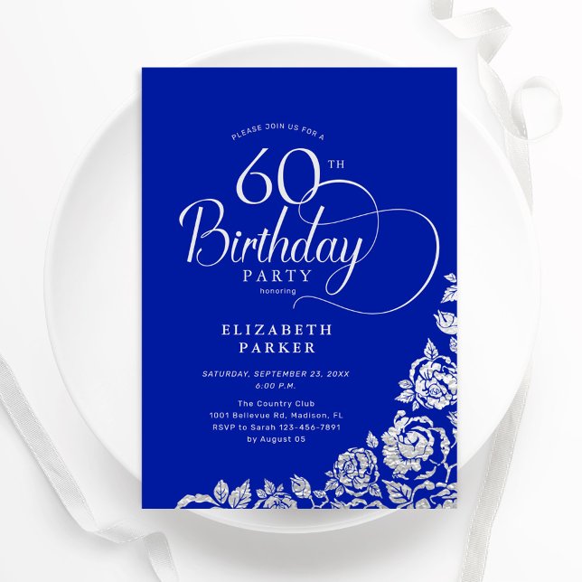 60th Birthday Elegant Royal Blue Silver Roses Invitation (Creator Uploaded)