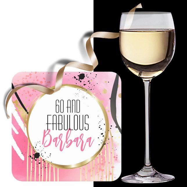 60th Birthday Fabulous Hot Pink Black Glitter Glam Square Paper Coaster (Creator Uploaded)